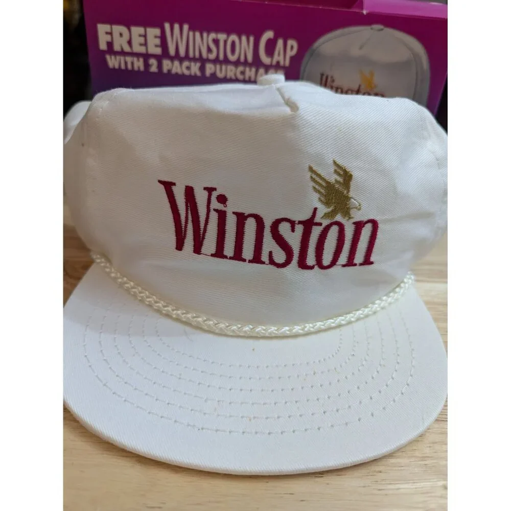 VTG Winston Cigarette white baseball cap rope front adjustable w/‎ org box